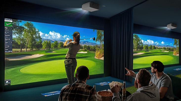 People watch a golfer practicing on a golf simulator with bright, vivid visuals displayed by LG ProBeam projectors. 