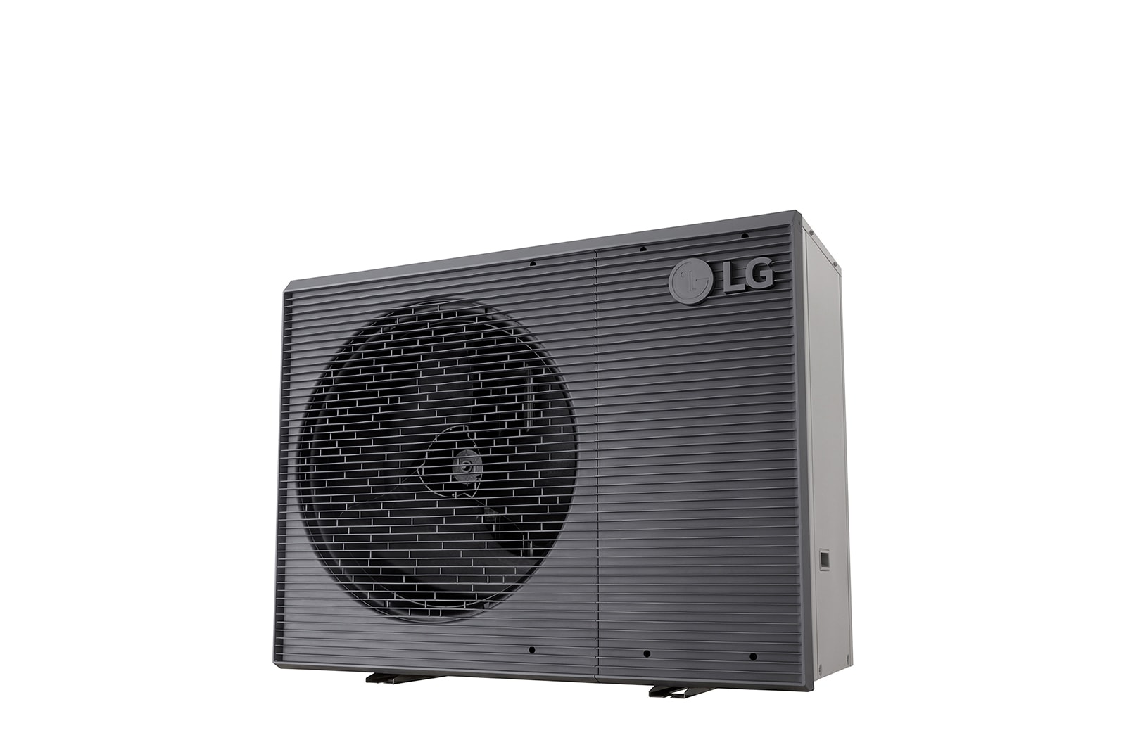 LG Air to Water Heat Pumps HM163MRS UB40, bottom-right view of a black outdoor unit featuring a grey wavy grille.
