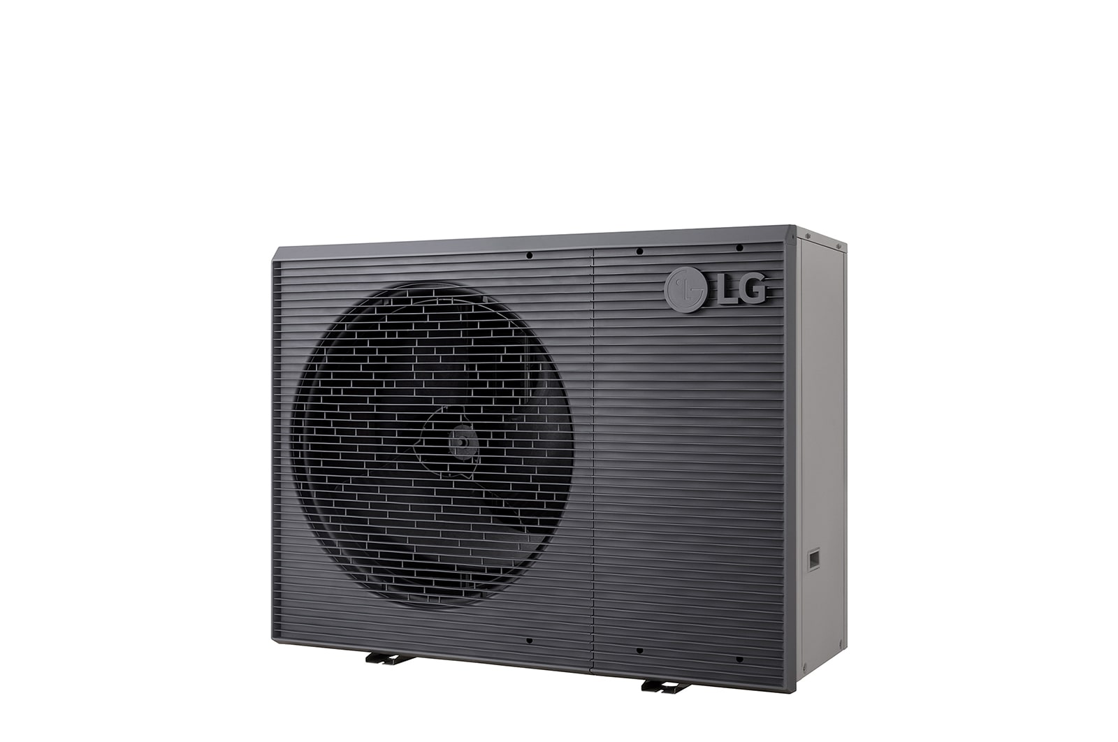 LG Air to Water Heat Pumps HM163MRS UB40, right angle view of a black outdoor unit featuring a grey wavy grille.