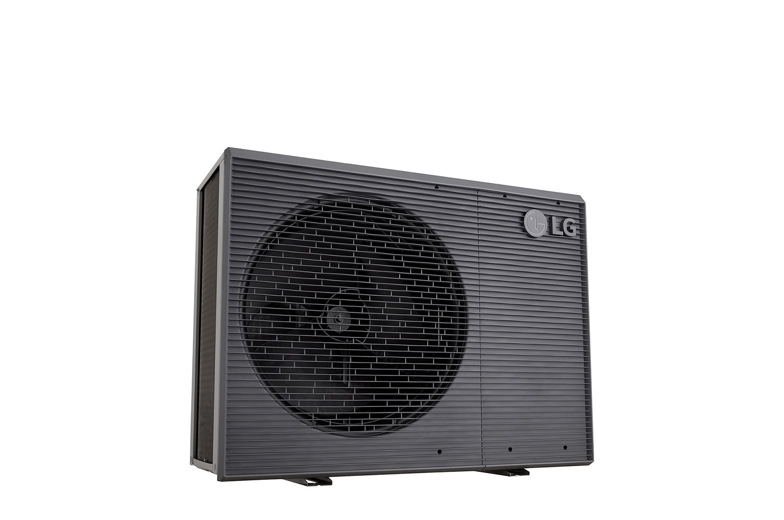 LG Air to Water Heat Pumps HM163MRS UB40, bottom-left side view of a black outdoor unit featuring a grey wavy grille.
