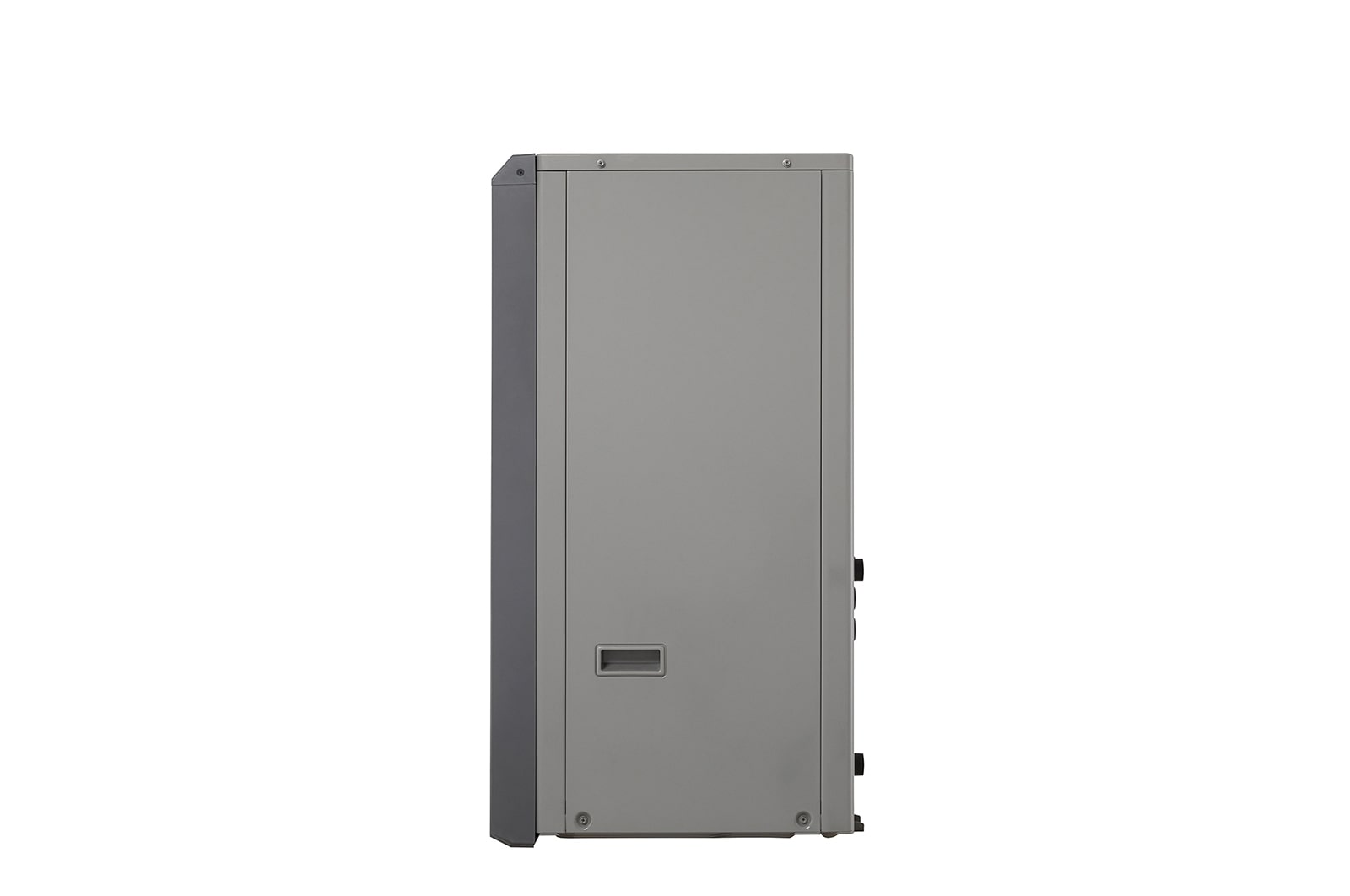 LG Air to Water Heat Pumps HM163MRS UB40, right side view of a black outdoor unit featuring a grey wavy grille.