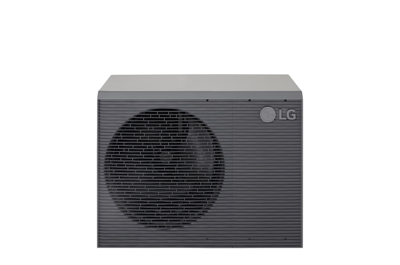 LG Air to Water Heat Pumps HM163MRS UB40, top-front view of a black outdoor unit featuring a grey wavy grille.