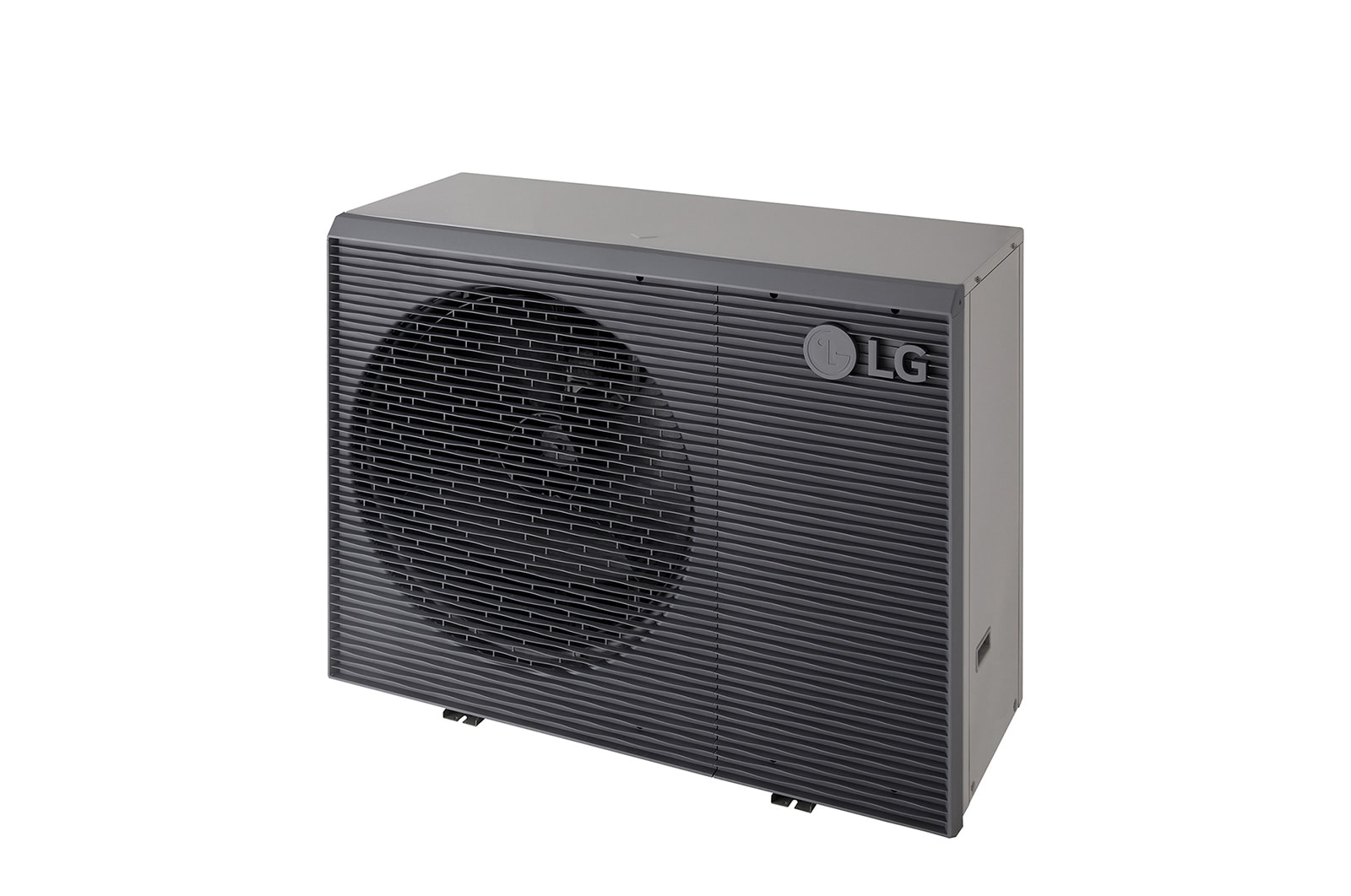 LG Air to Water Heat Pumps HM163MRS UB40, top-right view of a black outdoor unit featuring a grey wavy grille.