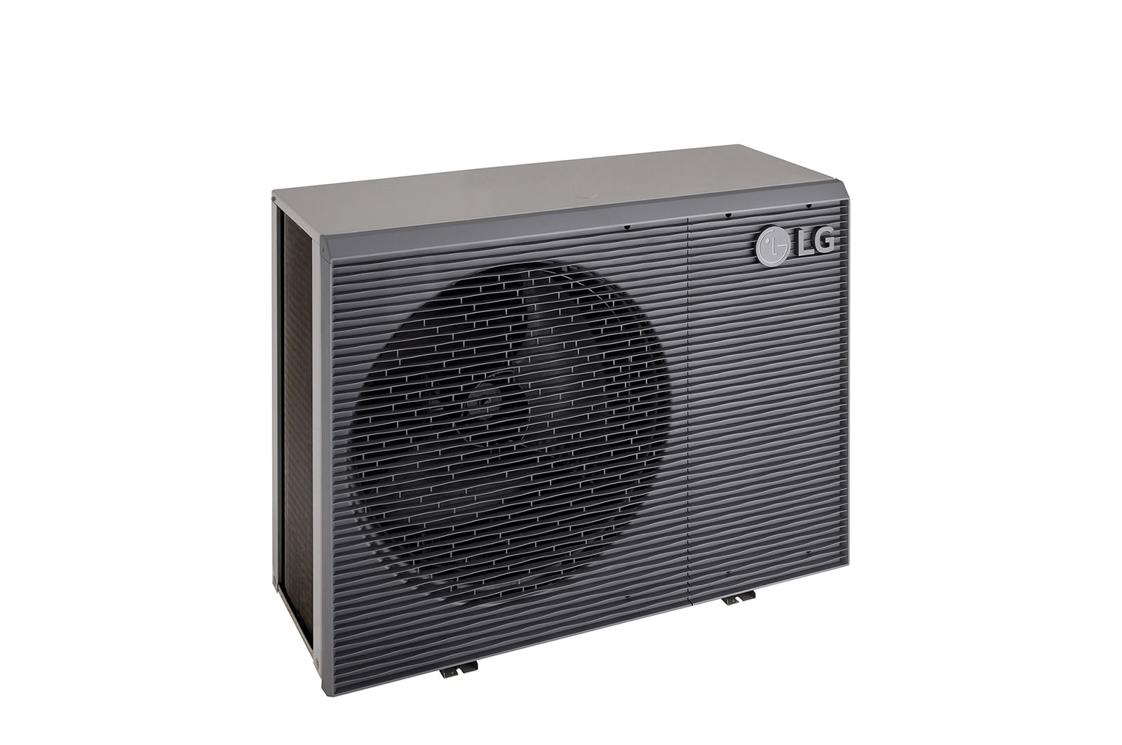 LG Air to Water Heat Pumps HM163MRS UB40, top-left view of a black outdoor unit featuring a grey wavy grille.