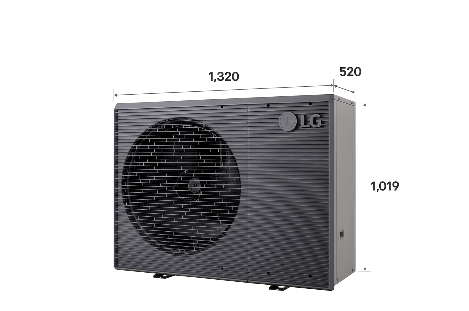 LG Air to Water Heat Pumps HM163MRS UB40, with dimensions labeled, black outdoor unit featuring a grey wavy grille.
