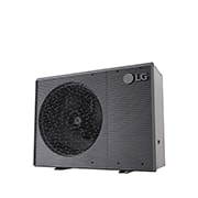 LG Air to Water Heat Pumps  HM163MRS UB40, bottom-right view of a black outdoor unit featuring a grey wavy grille.