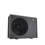 LG Air to Water Heat Pumps  HM163MRS UB40, bottom-left side view of a black outdoor unit featuring a grey wavy grille.