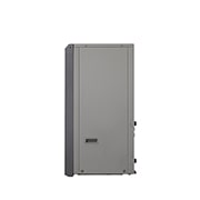 LG Air to Water Heat Pumps  HM163MRS UB40, right side view of a black outdoor unit featuring a grey wavy grille.