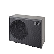 LG Air to Water Heat Pumps  HM163MRS UB40, top-right view of a black outdoor unit featuring a grey wavy grille.
