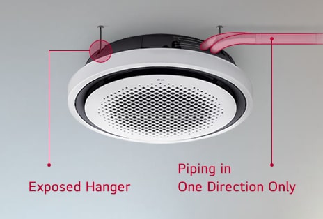 The LG Round Cassette showcases its Minimal Exposure Design with a streamlined surface that conceals components and includes highlighted features, including an exposed hanger and piping in one direction. 