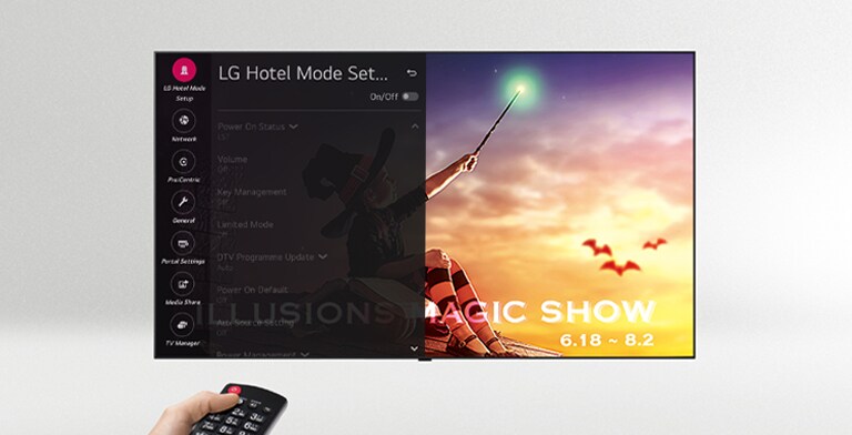 A person is controlling the TV settings with Public display mode.