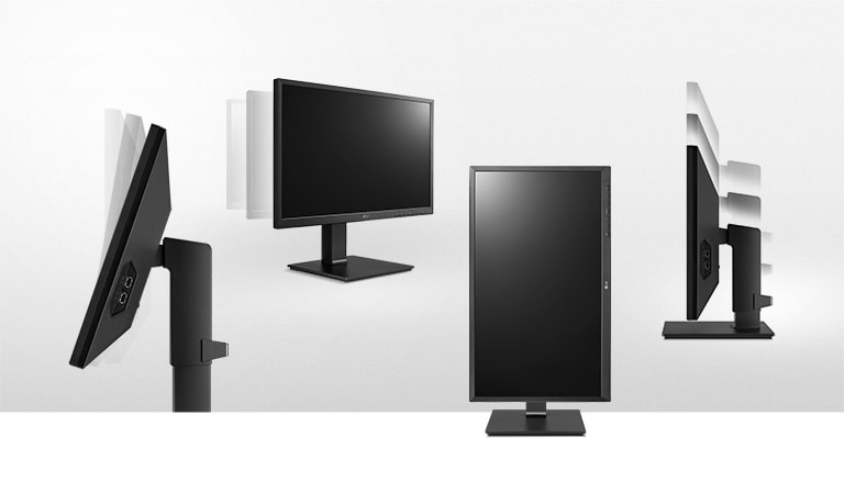 the monitor in the ergonomic design supporting tilt, swivel, pivot and height adjustment options and offering one click stand.