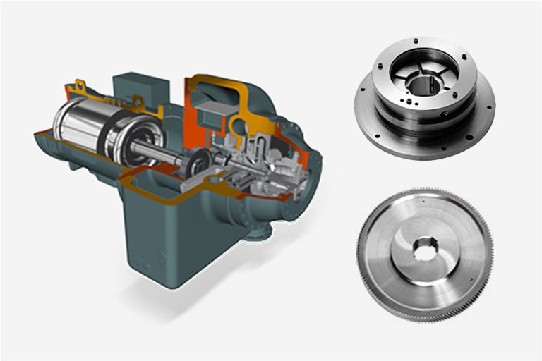 Partially exposed chiller component revealing its intricate internal structure and engineered components.