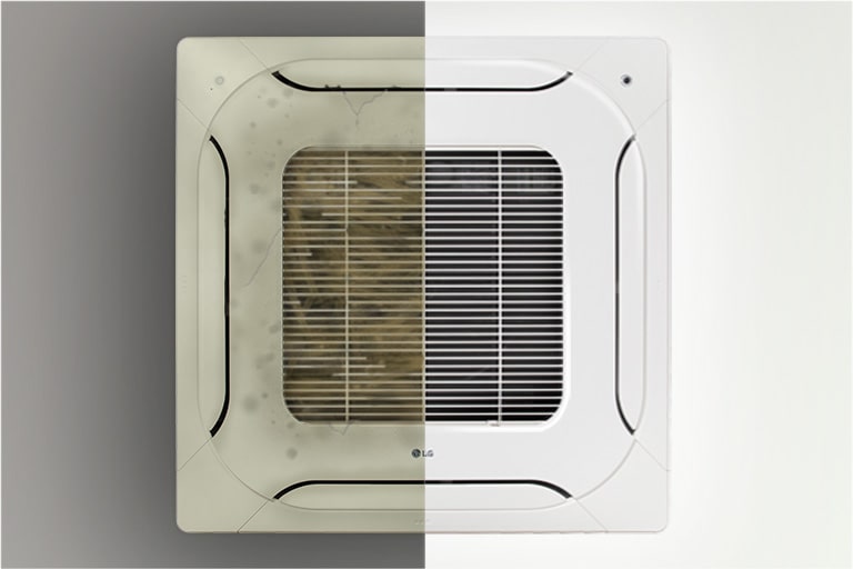 An LG ceiling-mounted cassette unit is shown with a clear comparison between a dust-covered section and a clean section, highlighting the importance of regular maintenance.