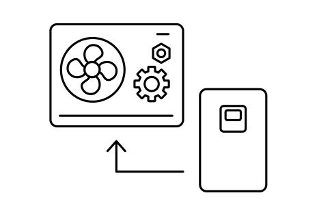 Upper left outdoor unit contains a fan and cogs while an indoor unit standing to the right. An arrow from the indoor unit points to the outdoor unit.
