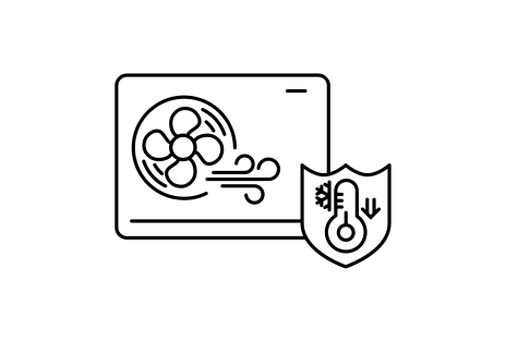 Air comes out from an outoor unit fan while a thermometer inside a shield indicates low temperature with a down-side arrow and a halved snowflake.