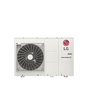 Front view of white rectangular LG R32 Monobloc S with one round fan and upper right LG logo.