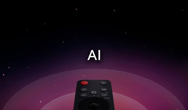 LG AI Magic Remote trên nền hình trừu tượng. Nút AI được làm sáng lên. Hình ảnh giao diện người dùng đồ họa với các biểu tượng về cách nút AI cho phép người dùng truy cập các chức năng AI khác nhau. Các dịch vụ bao gồm AI Voice ID, AI Search, AI Chatbot, AI Concierge, AI Picture Wizard, AI Sound Wizard. Chức năng giống chuột được hiển thị khi con trỏ xuất hiện trên giao diện, cho thấy cách điều khiển từ xa mang đến các nút điều khiển đơn giản.