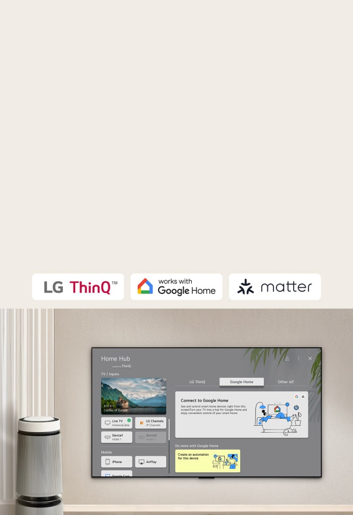 Điều khiển TV phía trước màn hình LG TV với Home Hub. Hiển thị tất cả chức năng và nút điều khiển trên thiết bị thông minh khác. 