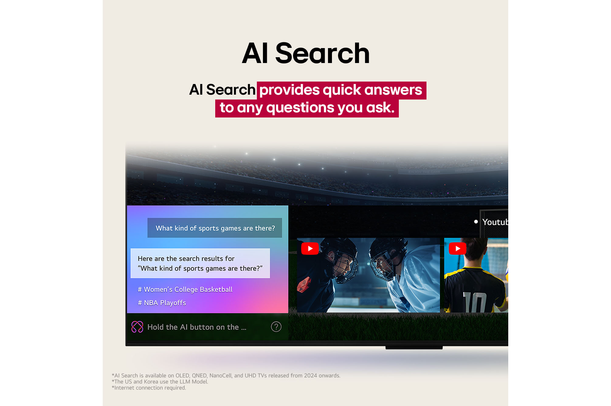 LG AI Magic Remote in front of an LG TV screen. On the screen is a personalized greeting from the LG AI with custom keywords based on the user's search and watch history. By the remote is an icon and label showing that the AI Concierge functionality is easily accessible with one short press on the AI button. 