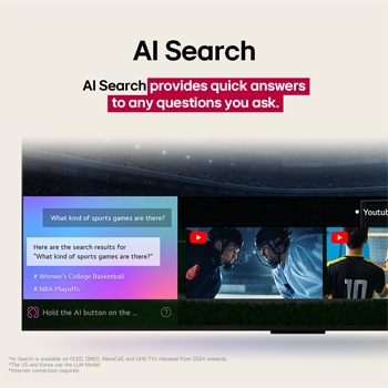LG AI Magic Remote in front of an LG TV screen. On the screen is a personalized greeting from the LG AI with custom keywords based on the user's search and watch history. By the remote is an icon and label showing that the AI Concierge functionality is easily accessible with one short press on the AI button. 