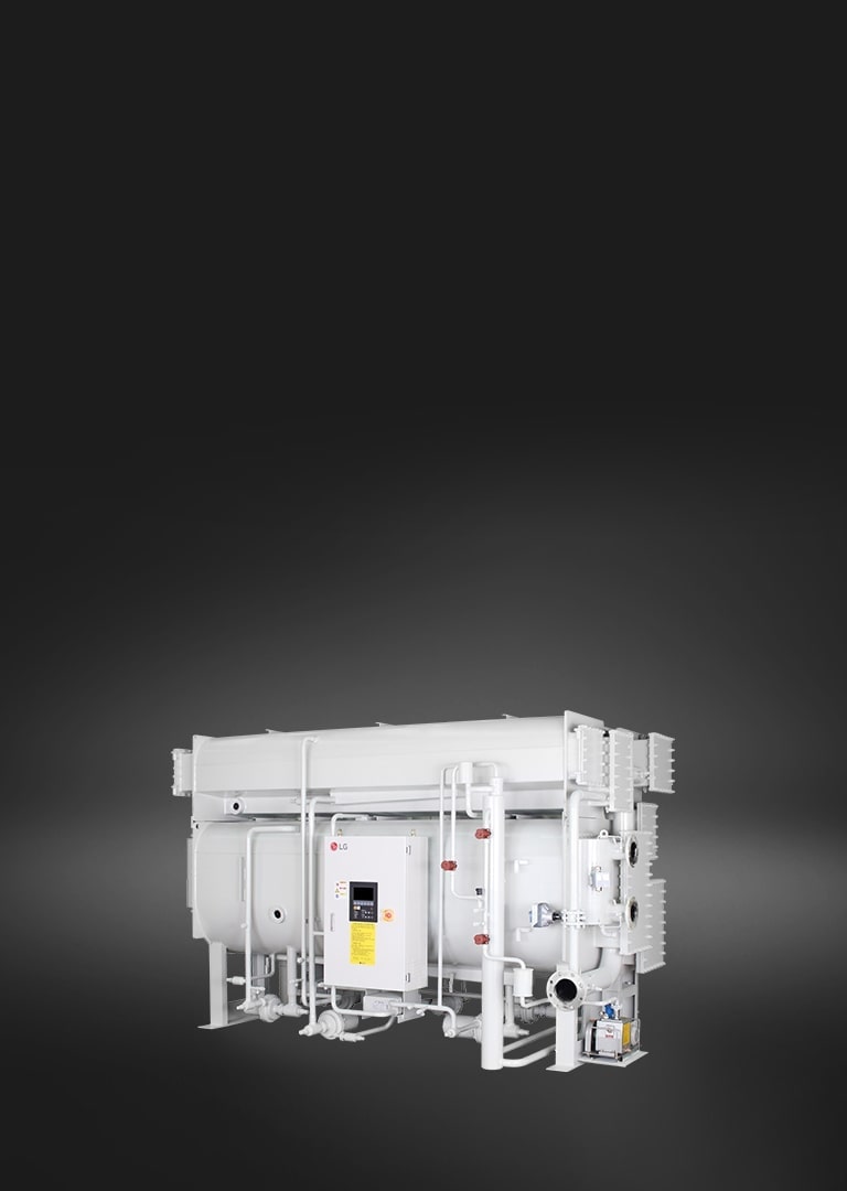Loại máy làm lạnh nước nóng hấp thụ LG, được trưng bày với màu xám nhạt, bao gồm một loạt cụm ống tuyến tính và hình trụ.