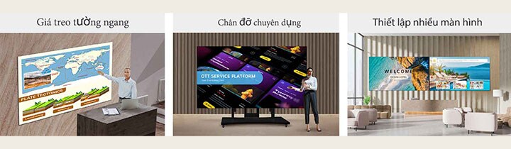 Dòng sản phẩm LAPA xuất hiện trong ba hình ảnh khác nhau. Trong hình, sản phẩm được lắp trên tường bằng giá treo tường ngang, có chân đỡ chuyên dụng và được đặt cạnh nhau thành hai màn hình trong thiết lập nhiều màn hình.