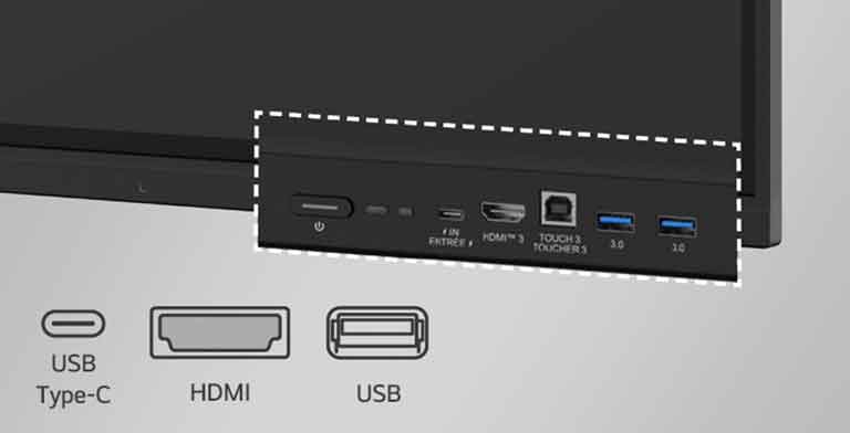 Bảng kỹ thuật số tương tác của LG có các cổng ở mặt trước như USB và HDMI.