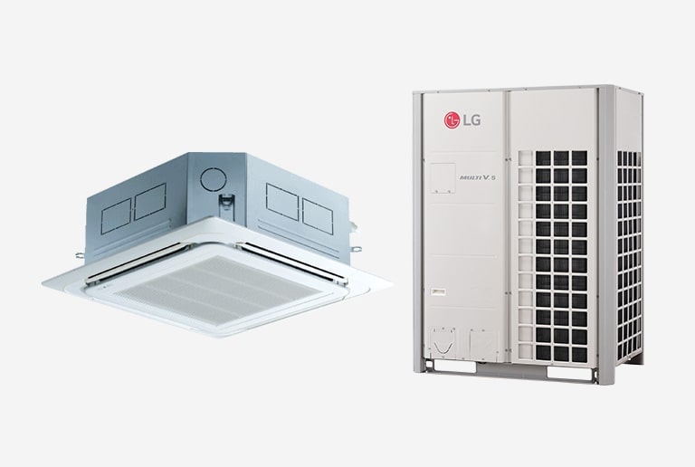 Dàn lạnh âm trần LG được thể hiện tinh tế ở bên trái, trong khi dàn nóng LG Multi V 5 xuất hiện ở bên phải.