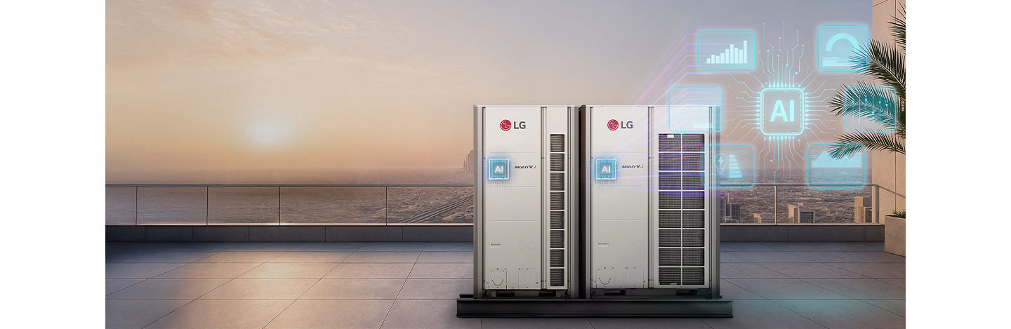 Hình ảnh kết xuất thể hiện quá trình lắp đặt hệ thống LG VRF trên sân thượng của một tòa nhà.