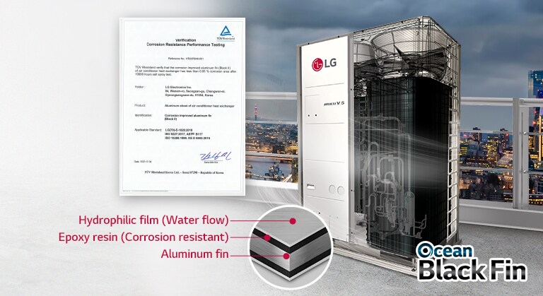 Một dàn nóng của Multi V 5 với một nửa góc nhìn trong suốt được đặt trên tầng thượng của một tòa nhà gần bờ biển trong khi phần xác minh kiểm tra hiệu suất được hiển thị ở bên trái.