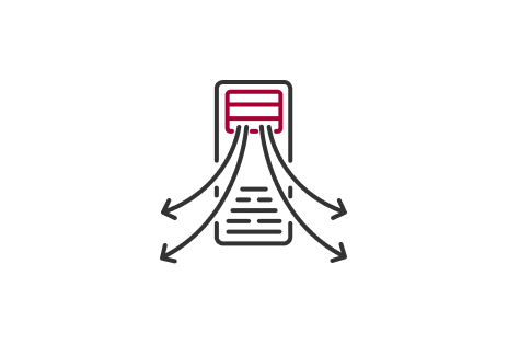 Biểu tượng máy điều hòa không khí vẽ bằng đường thẳng có các cánh tản gió màu đỏ ở trên cùng và bốn mũi tên màu đen hướng ra ngoài tượng trưng cho luồng không khí bao phủ phạm vi rộng.
