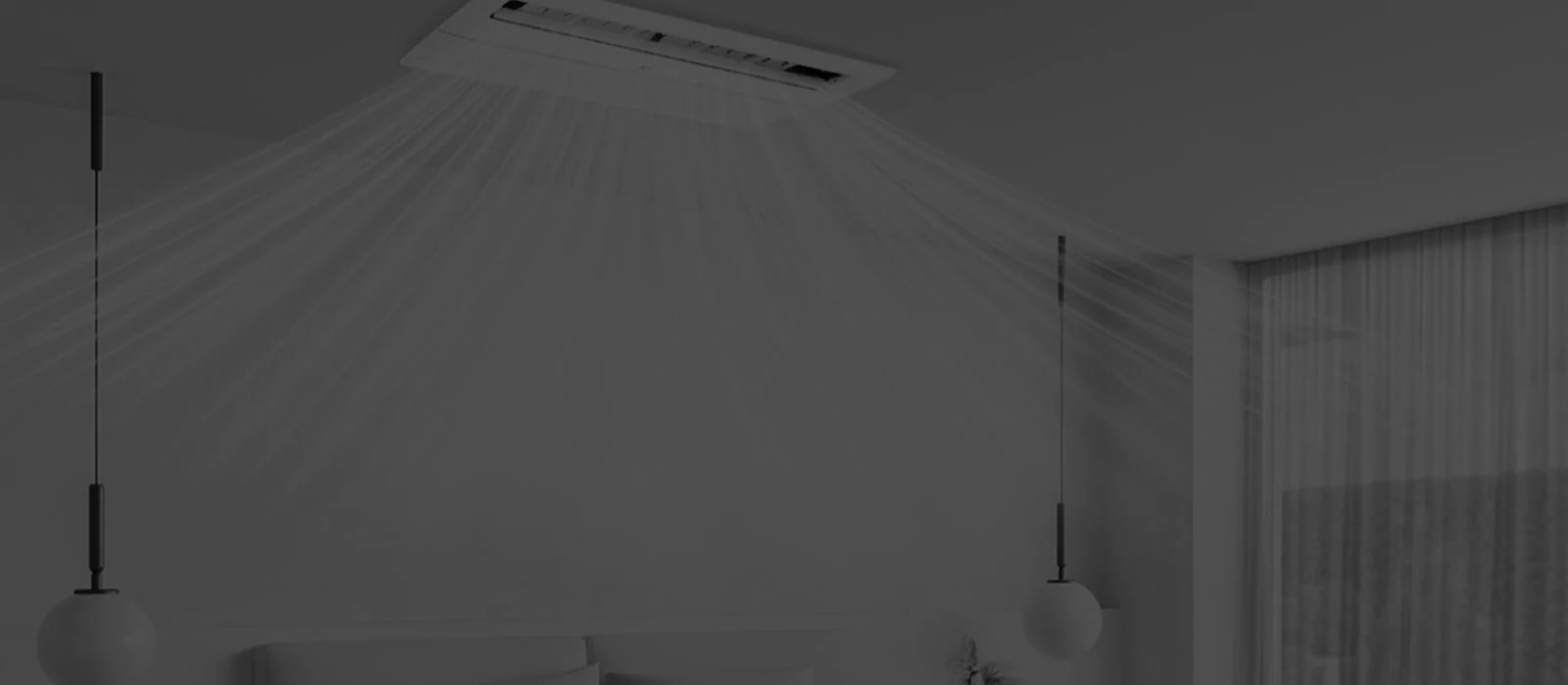 Máy điều hòa không khí (AC) trần vuông của LG hút không khí bẩn vào trung tâm, phân phối không khí sạch có màu xanh lam từ bốn lỗ thông hơi xung quanh.