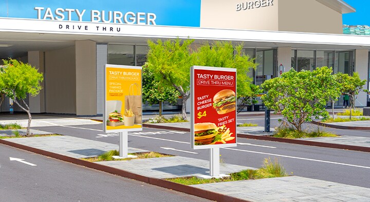There are two 55XF3Ps installed in the drive-thru zone at the burger place, and they vividly display the burger menu and ads even in bright sunlight.