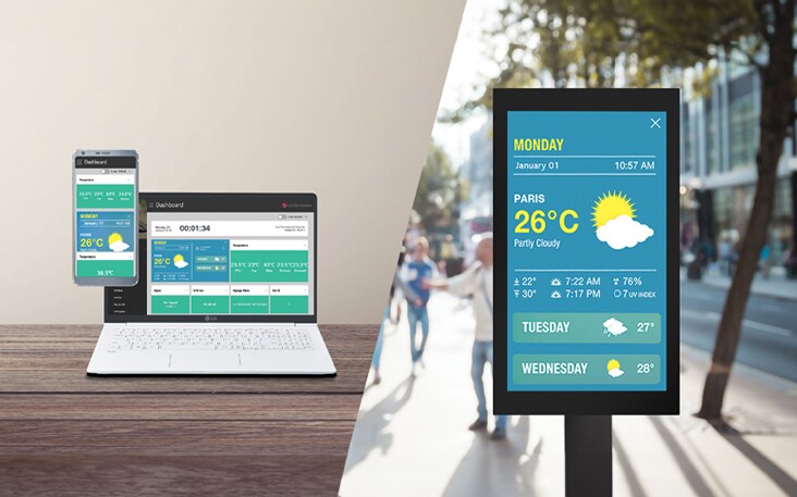Users can monitor and control their displays through a mobile phone and laptop.