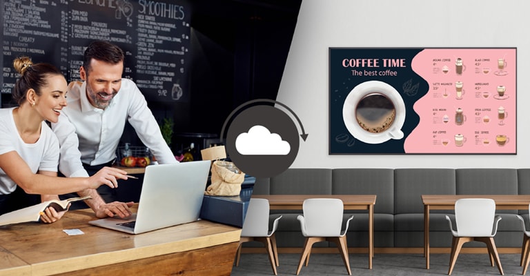 Café managers are creating menus that will be displayed on the display installed on the café wall using content management software.