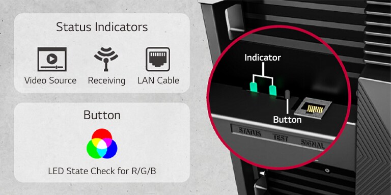 Shows Status Indicators and a button for the LED State Check.