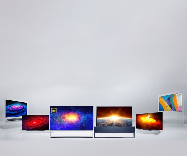 Die LG OLED TV-Modelle RX, ZX, WX, GX, CX und BX in einem fiktivem Raum angeordnet