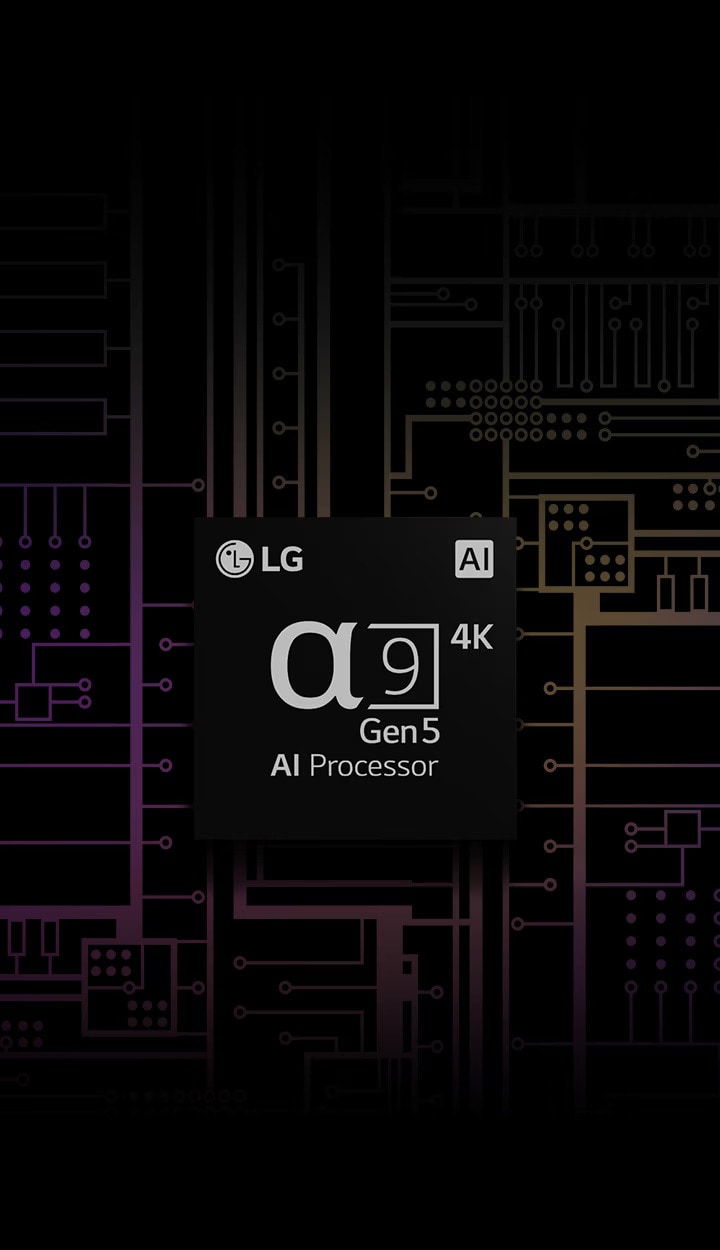 Das Bild des α9 4K AI-Prozessors der 5. Generation hat einen schwarz-weißen Hintergrund, der sich in einen bunten Hintergrund verwandelt