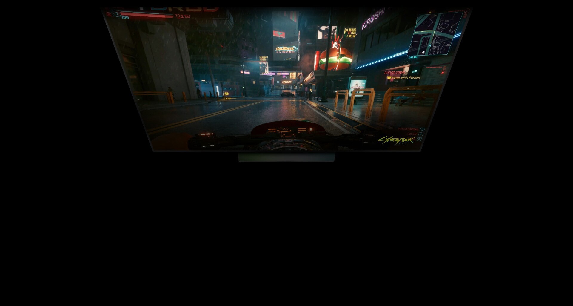 Ein LG OLED-Fernseher zeigt eine Cyberpunk-Spielszene, darunter erscheint ein neonfarbenes WLAN-Symbol