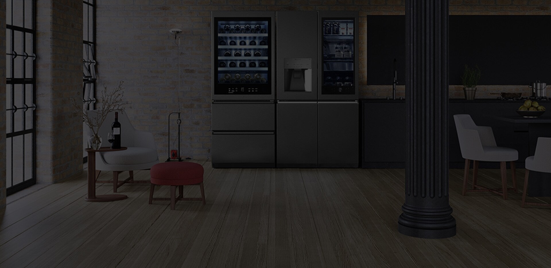LG SIGNATURE Refrigerator and Wine Cellar are placed in the kitchen of the brick warehouse style with Flexform's furnishing items.