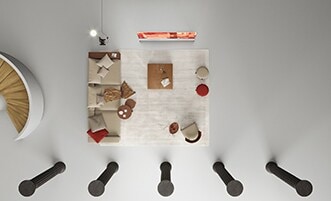 Sky view of brick warehouse with LG SIGNATURE OLED 8K TV and Flexform's furnishing items.