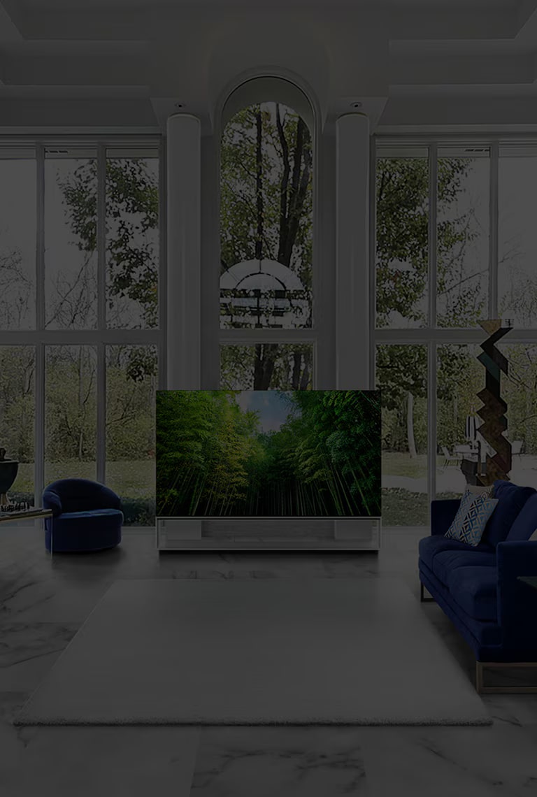 LG SIGNATURE OLED 8K TV is placed in the centre of living room, which is decorated with white marble and the colour of classic blue.