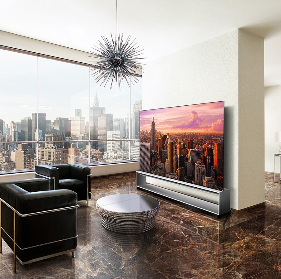 LG SIGNATURE OLED 8K TV is placed on the Marron Emperador marble floor.