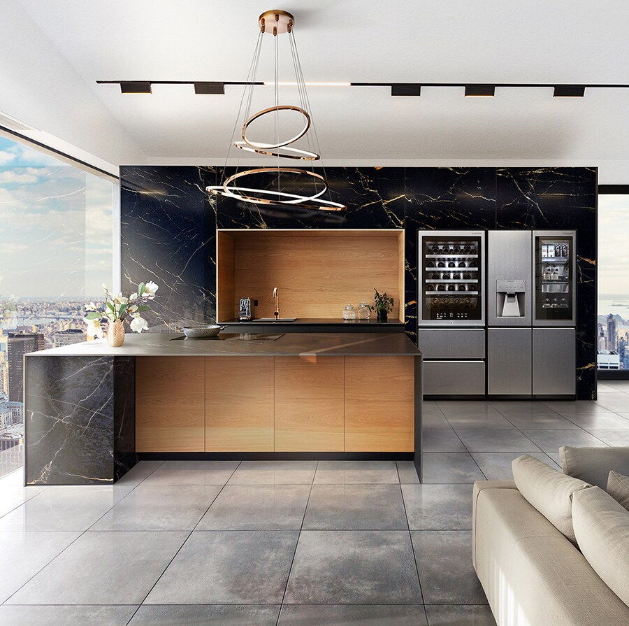 LG SIGNATURE Refrigerator and Wine Cellar are placed in the kitchen, which is decorated by Nero Portoro marble.
