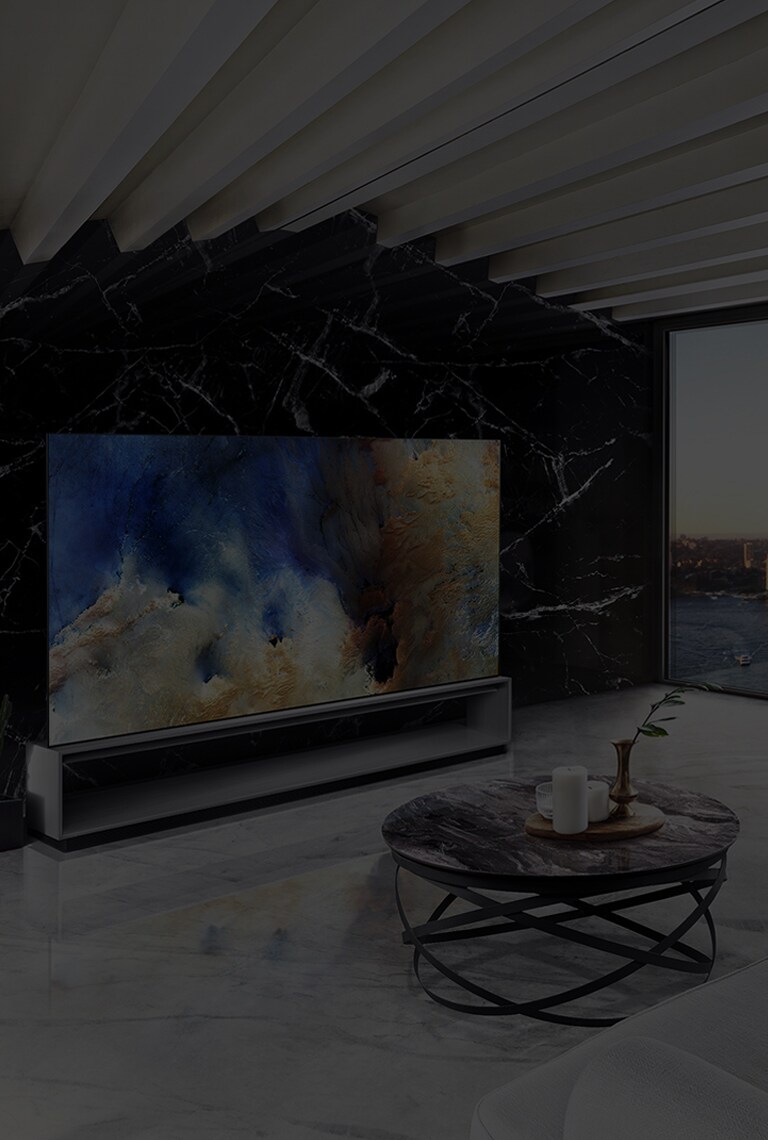 LG SIGNATURE OLED 8K TV is placed in the living room, which is decorated by Spanish Marquina Black Marble.