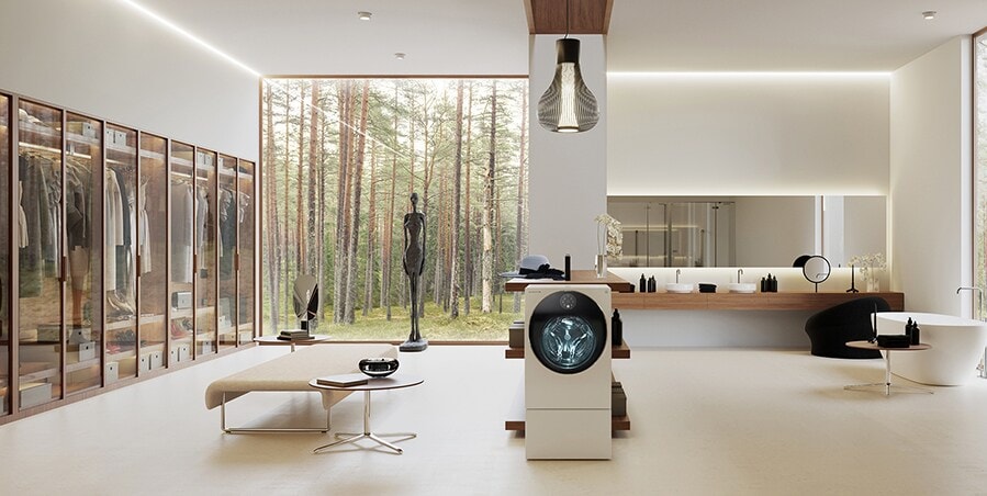 LG SIGNATURE Washing Machine is placed on the natural dress room in harmony with B&B Italia’s cloud sofa.