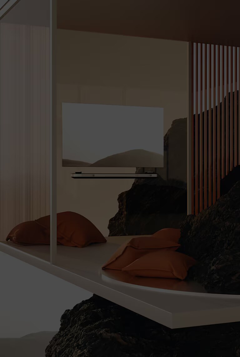 lg signature oled tv w is hung on the glass wall in some place that looks so virtual