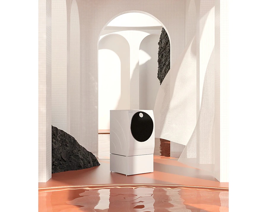 lg signature washing machine is hung on the glass wall in some place that looks so virtual
