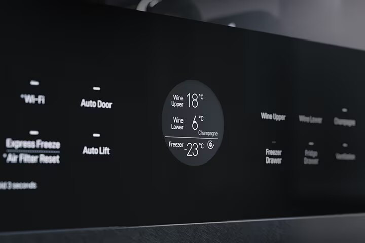 Close shot of user interface display of LG SIGNATURE Wine Cellar.